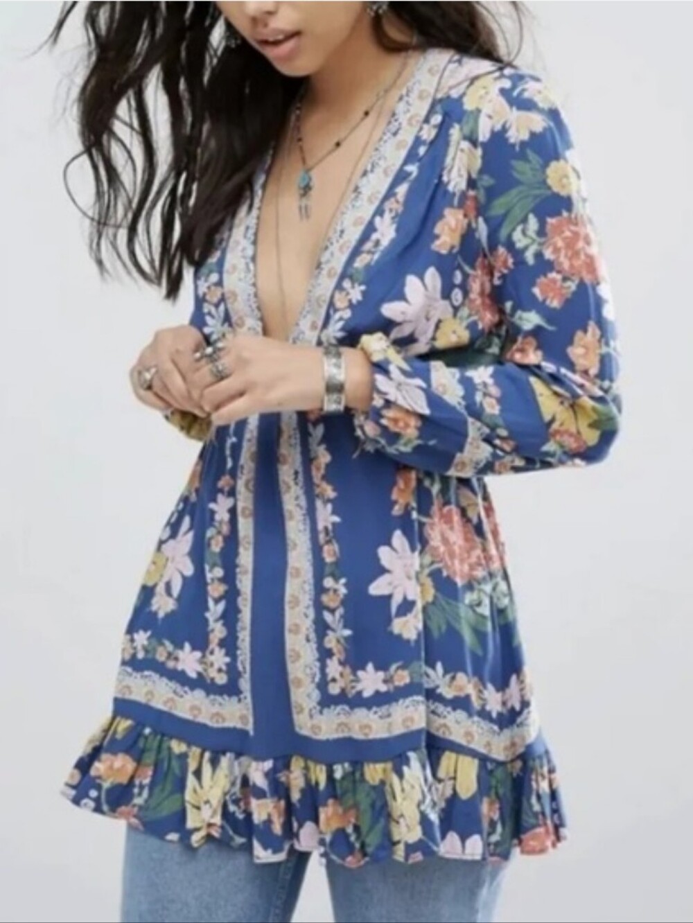 Free People Violet Hill Printed Floral Blue Tunic Top Tie Back Long Sleeve Sz 4